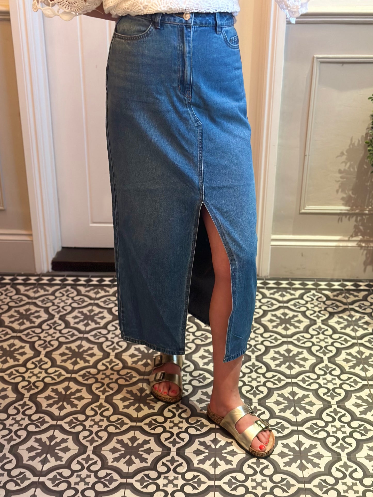 High Waisted Denim Midi Skirt