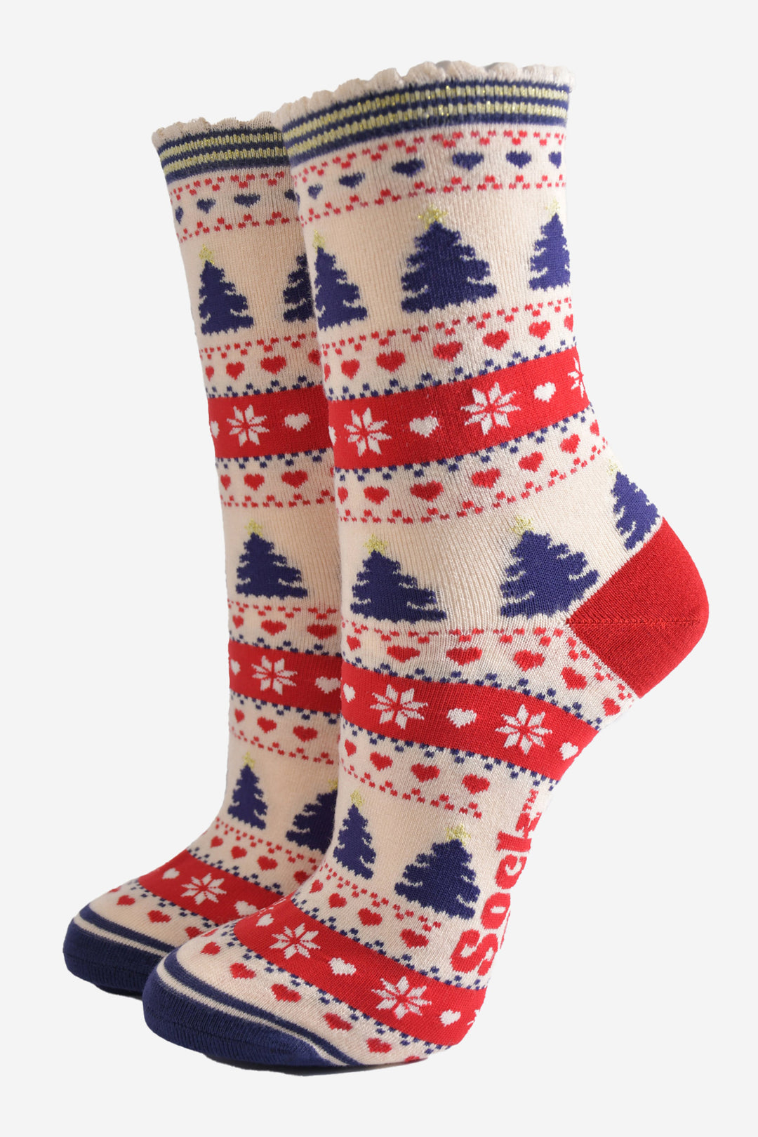 Women's Bamboo Socks - Cream / Red Christmas Tree