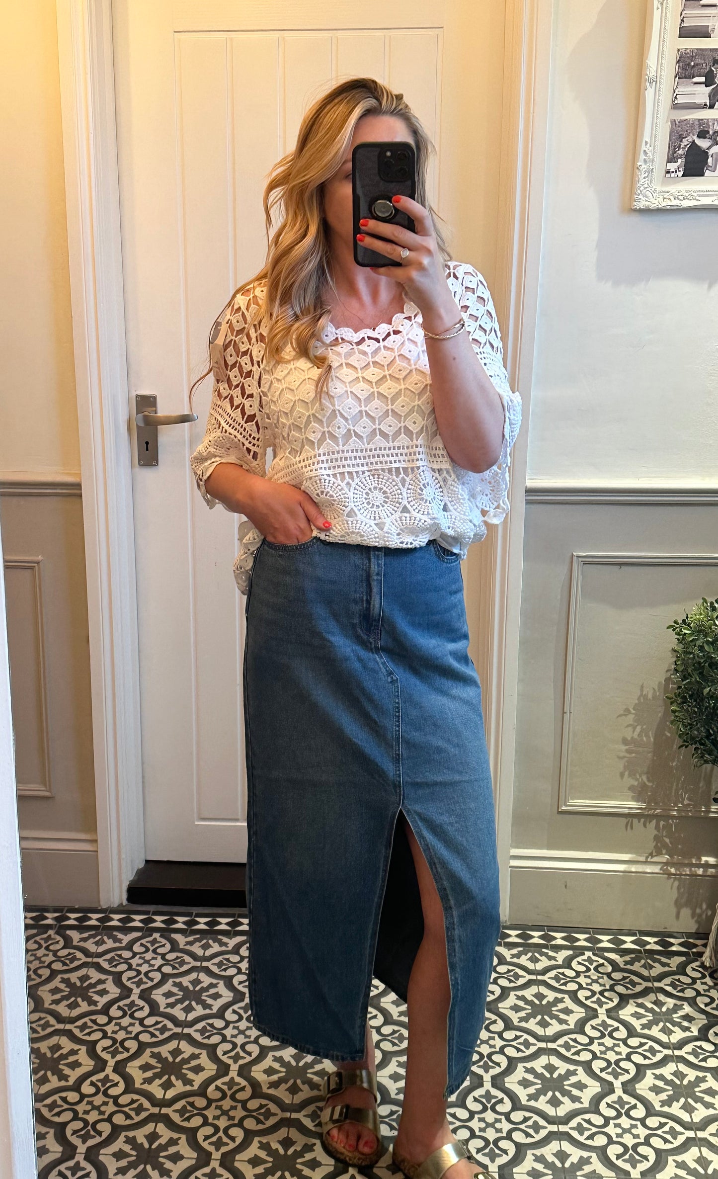 High Waisted Denim Midi Skirt