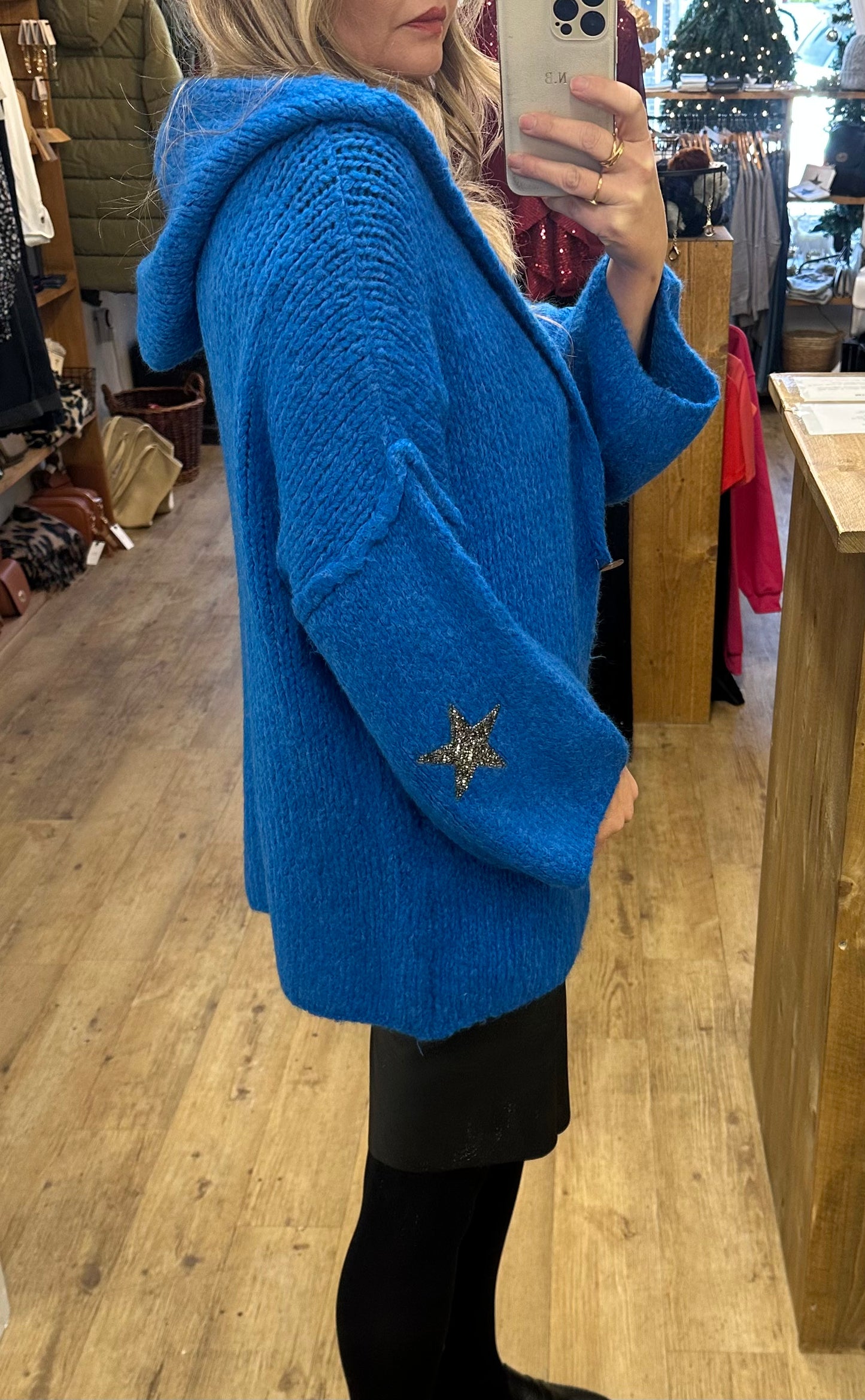 Star studded chunky knit hooded cardigan - Blue Colour