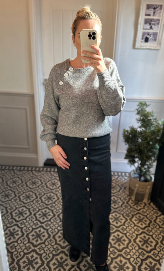 Grey Crystal Button Jumper