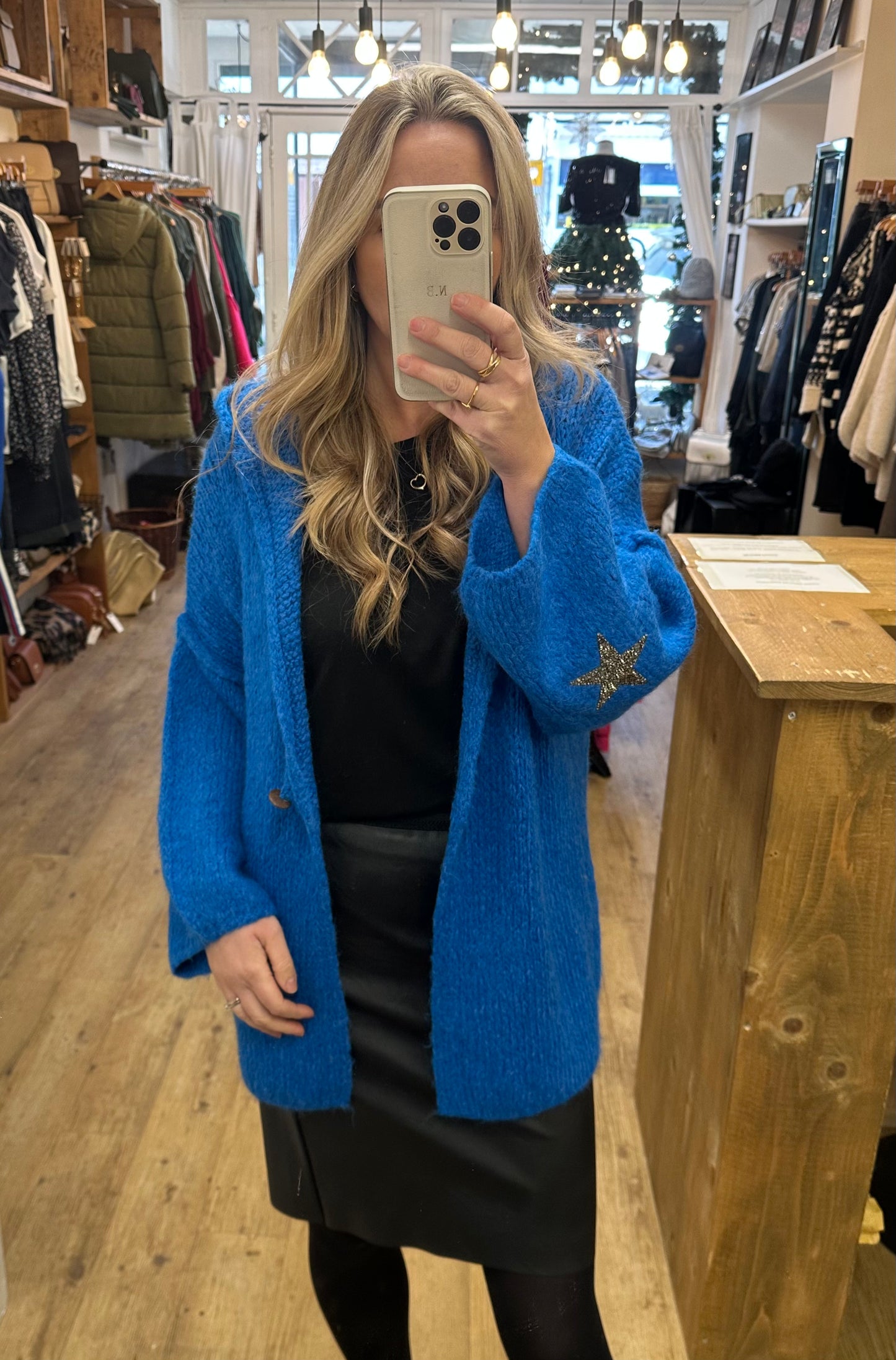 Star studded chunky knit hooded cardigan - Blue Colour