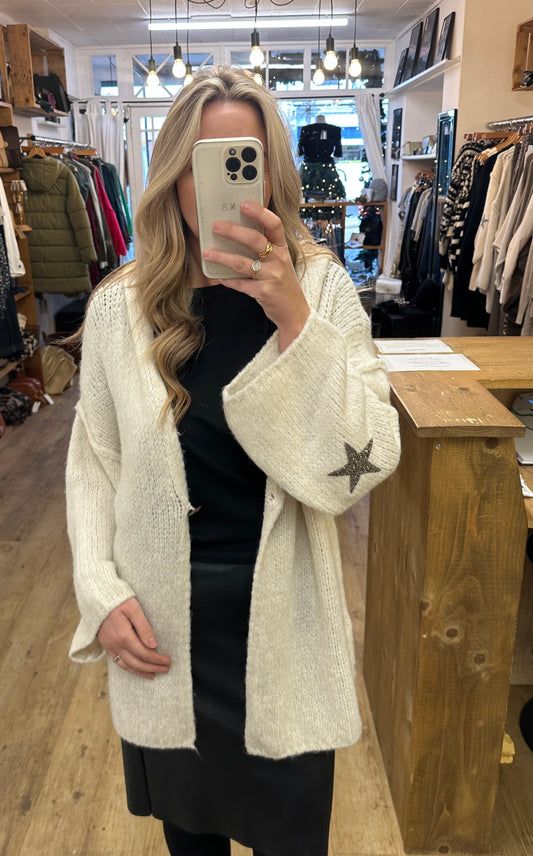 Star studded chunky knit hooded cardigan - Cream colour