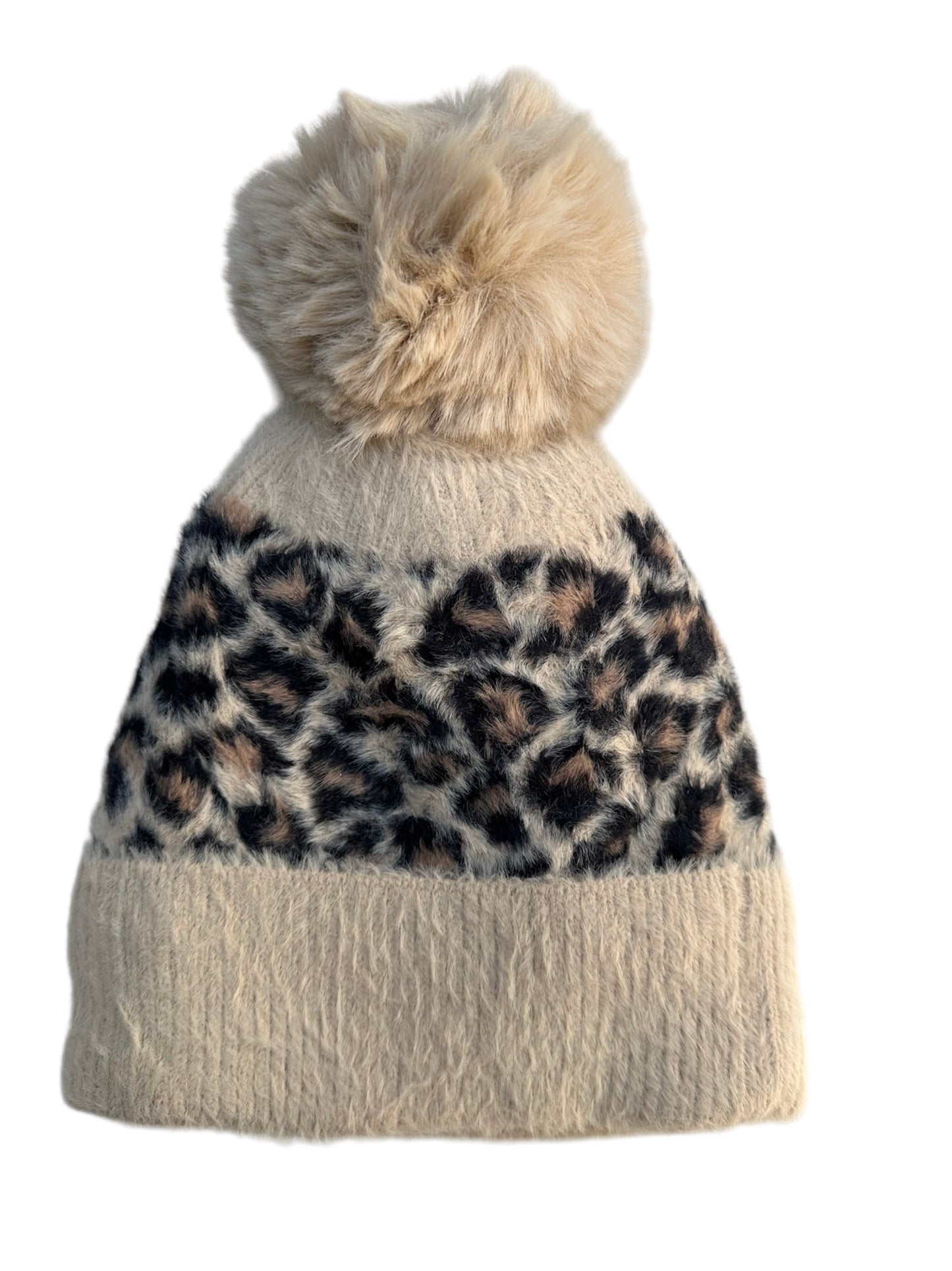 Beige Animal Print Pom Pom Hat