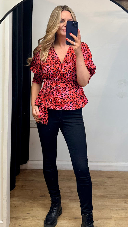 Red/Pink Animal Print Wrap Top