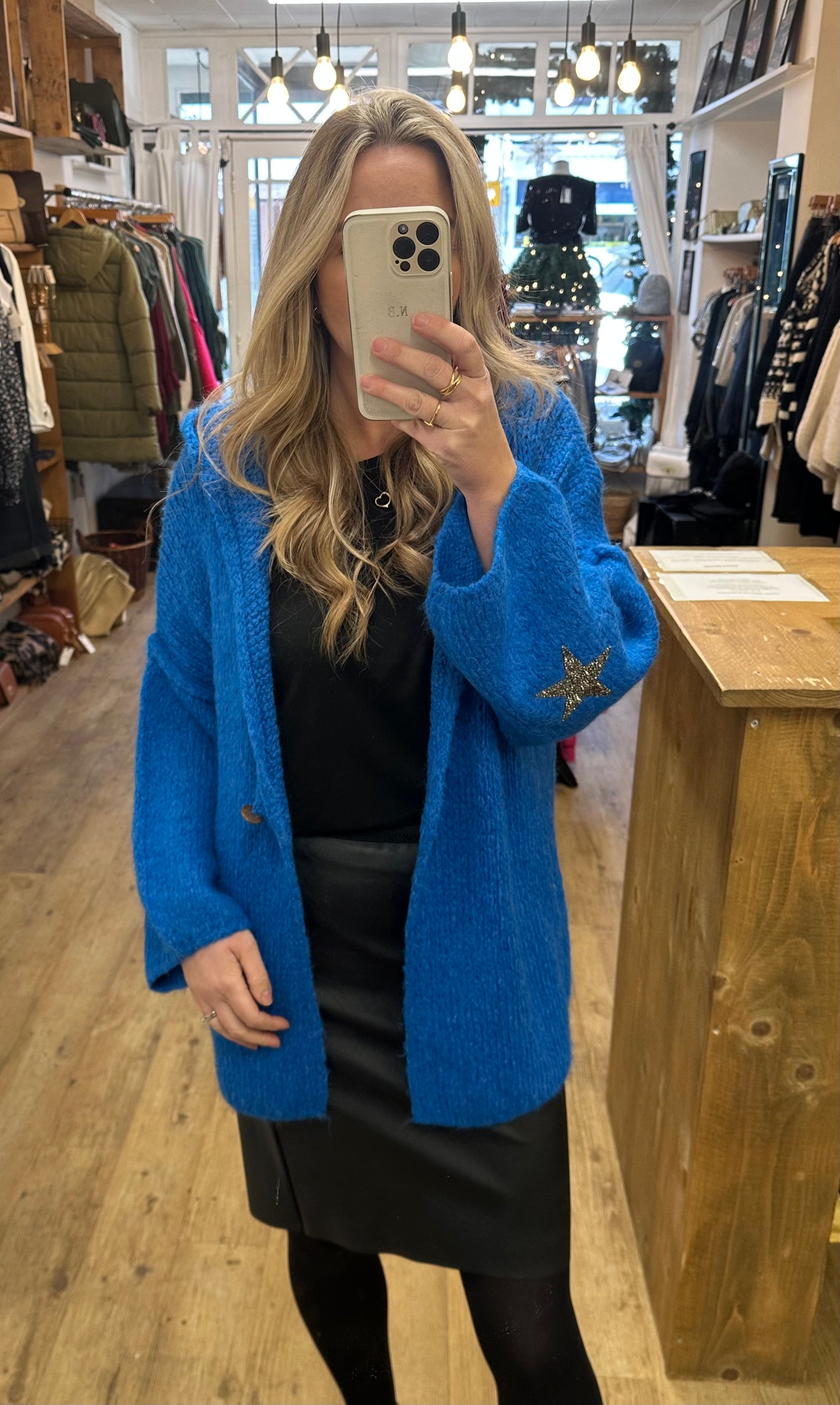 Star studded chunky knit hooded cardigan - Blue Colour