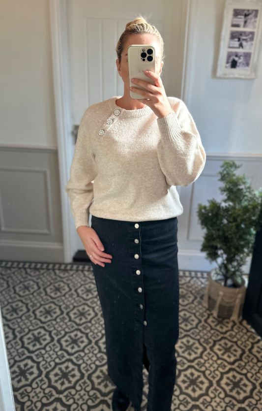 Oatmeal Crystal Button Jumper