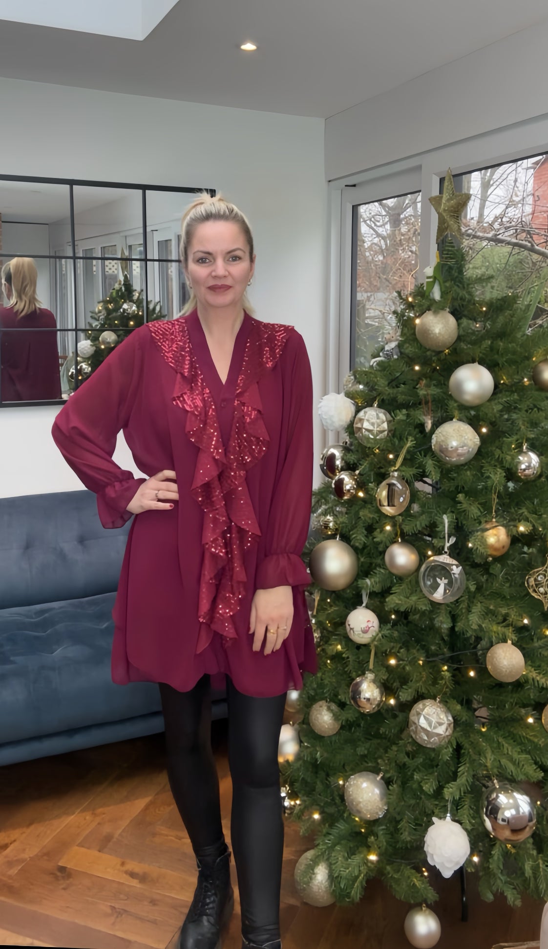 Burgundy sequin ruffle front blouse