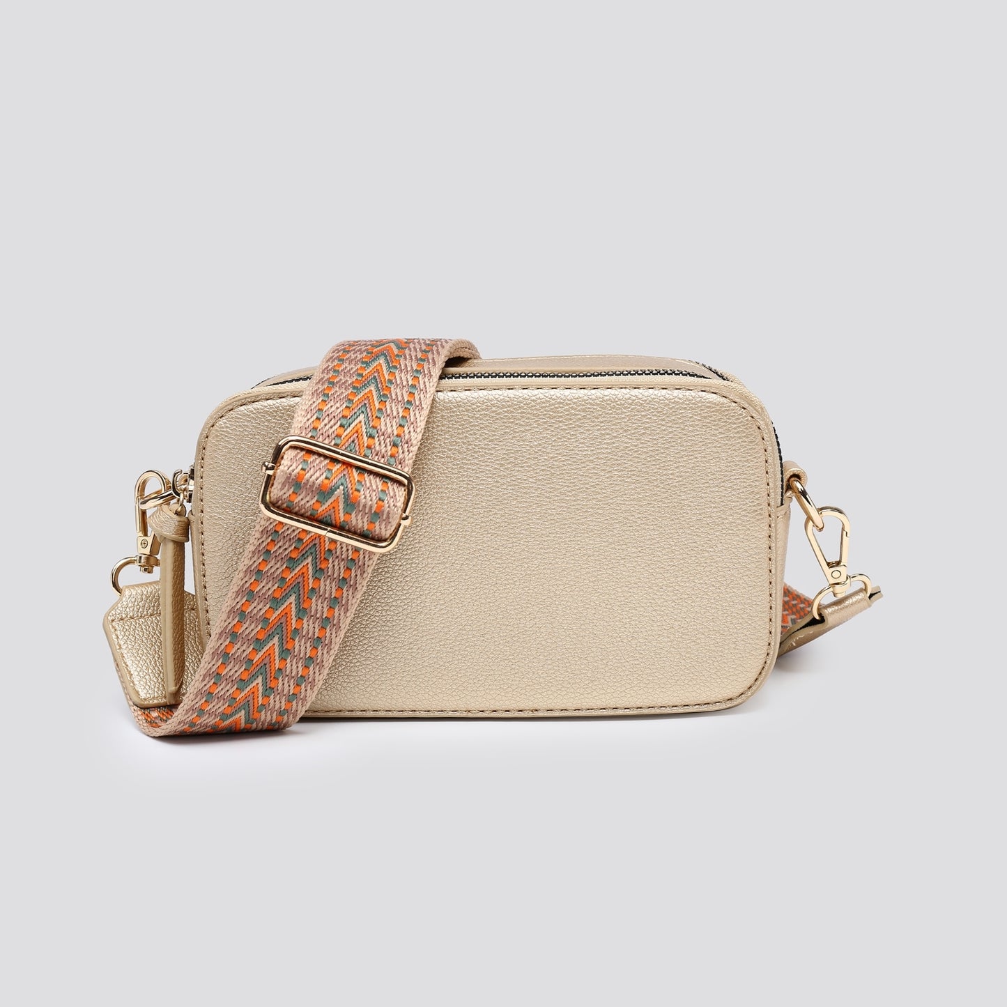 Double Zip cross body bag with strap - Gold colour